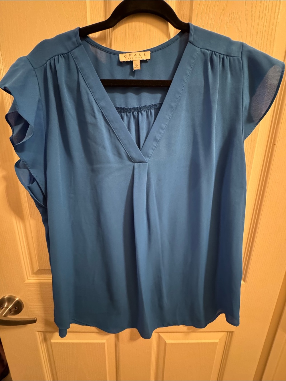 Chaus Bright Blue V-Neck Flutter Sleeve Blouse